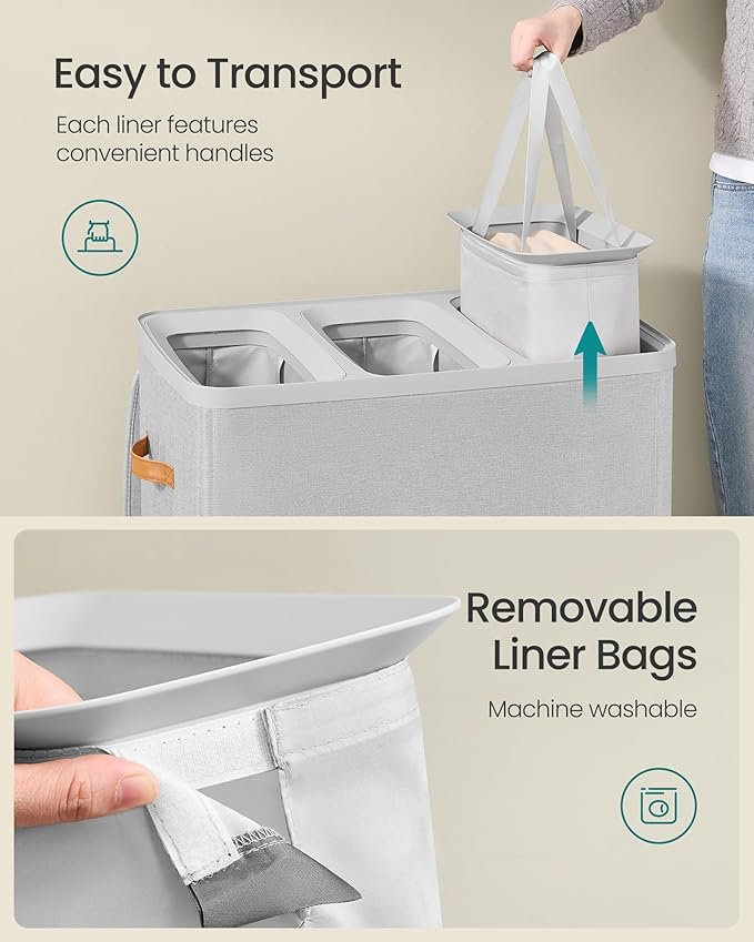 SONGMICS Laundry Basket, 50.2 Gal. Laundry Hamper, 3 Compartments, Easy Assembly, with Lid and Handles, Removable Liners, 25.2 x 15.7 x 29.5 Inches, Dove Gray ULCB814GD01