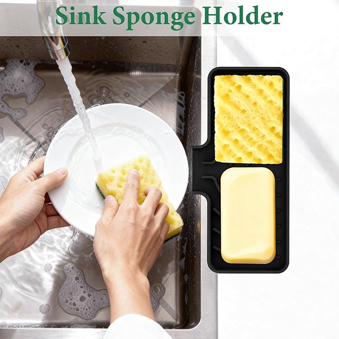 GUUKIN Sponge Holder for Kitchen Sink , 9.8"×4.9" Silicone Dish Drying Mat, Scrub Daddy Holder, Kitchen Sink Accessories, Suitable for Kitchens & Bathrooms (Black)