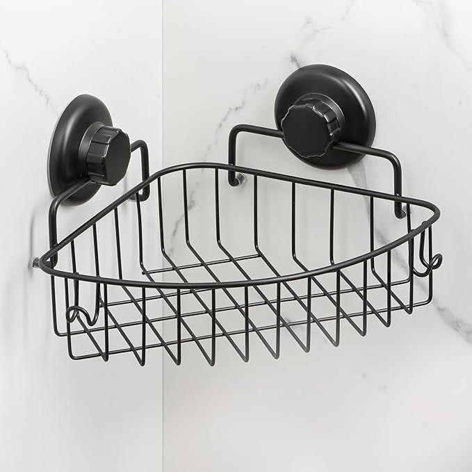 Corner Shower Caddy with Suction Cup Shower Shelf with Hooks, Stainless Steel Bathroom Caddy, Wall Mounted Shower Basket for Bathroom, Adhesive 3M Stick Discs Included (Black)