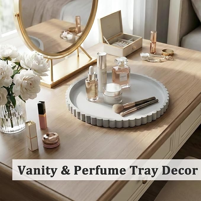 Silicone Bathroom Countertop and Vanity Tray, Round Silicone Bathroom Tray, Modern Bathroom Decor, Coffee Table Decor, Decorative Tray for Candle, Perfume, Plants (Grey, 9 inch)