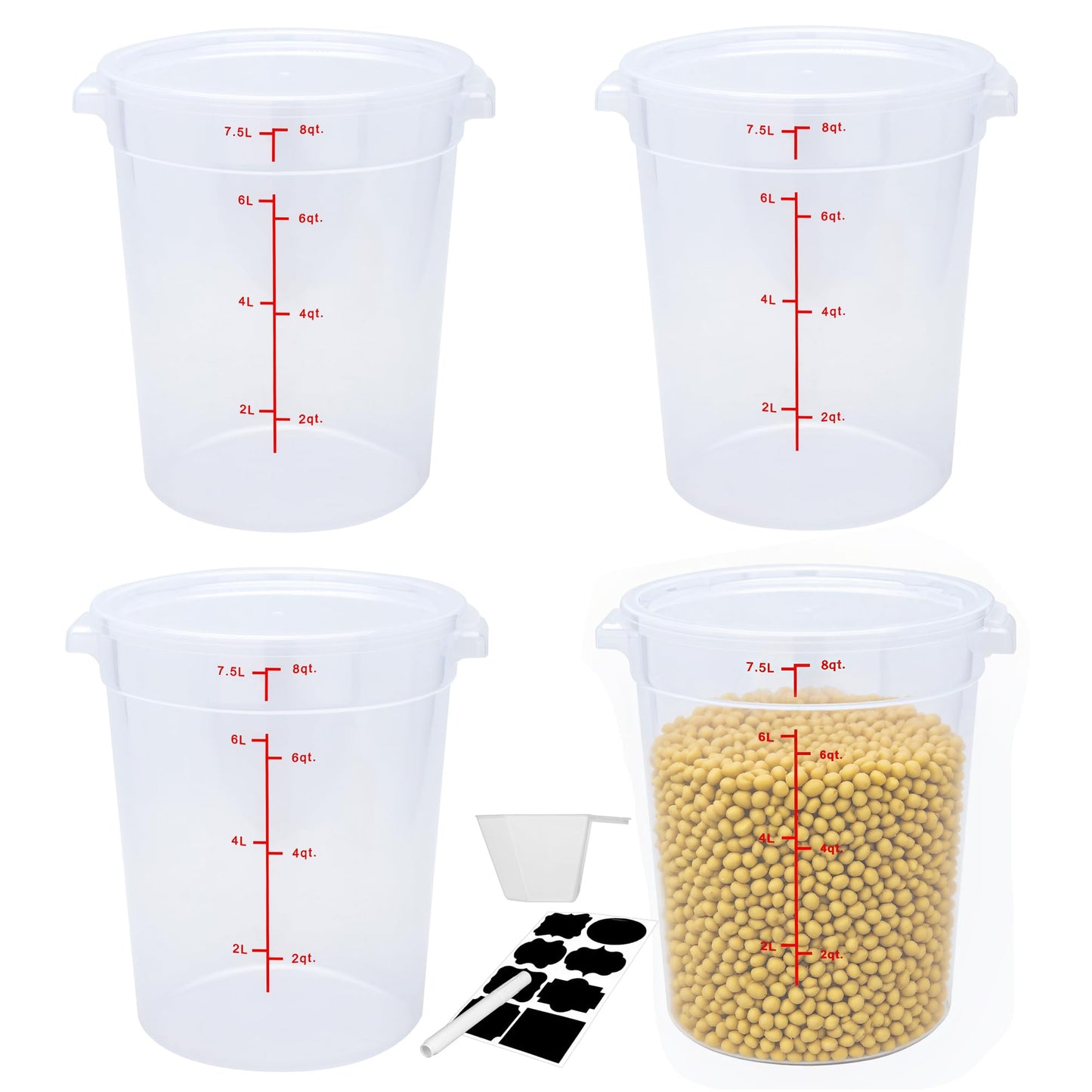 FSUON 4 Pack 8Qt Round Polypropylene Food Storage Container with Lids Scale
