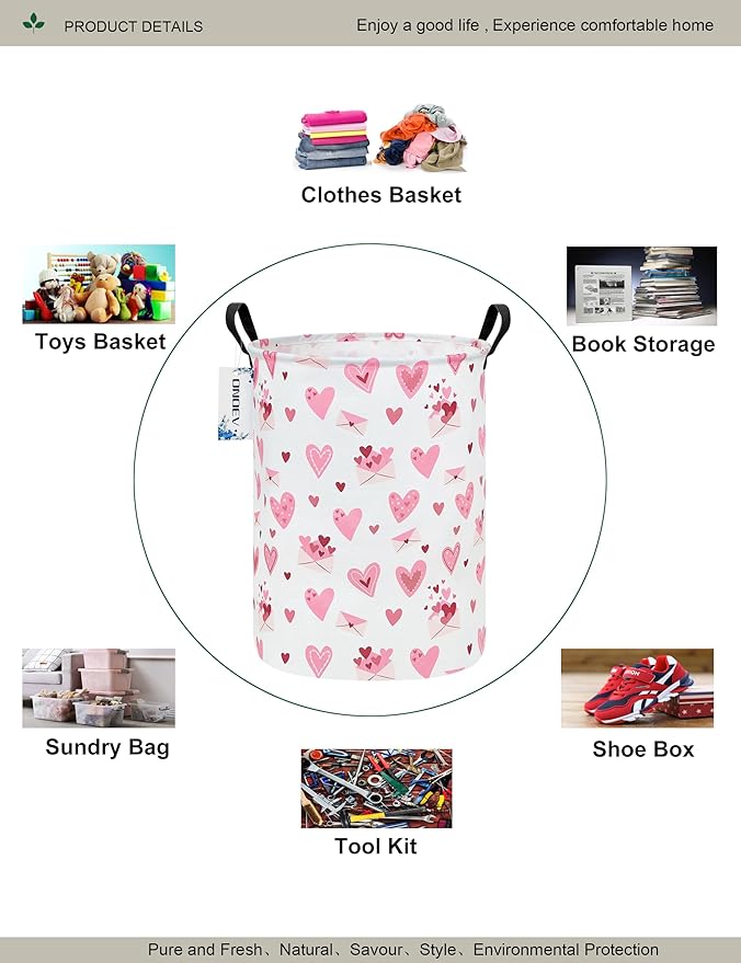 Round waterproof laundry basket,laundry Hampers with handle,gift basket,suitable for children's room and toy storage (Pink Love)
