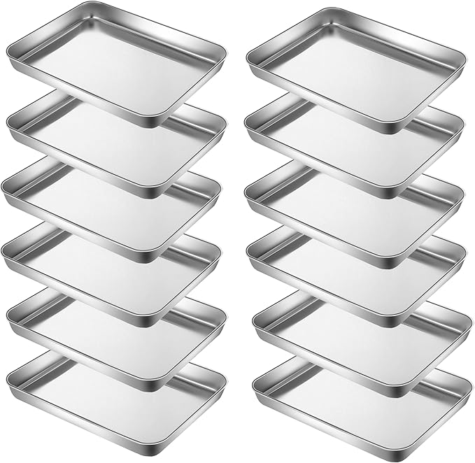 HYTK Small Cookie Baking Sheet Pans Stainless Steel 304 Tiny Serving Tray 12.4 x9.6 x1.1Inch (Diagonal 14.8) No Rust Dishwasher Safe Bakeware 6 Pack