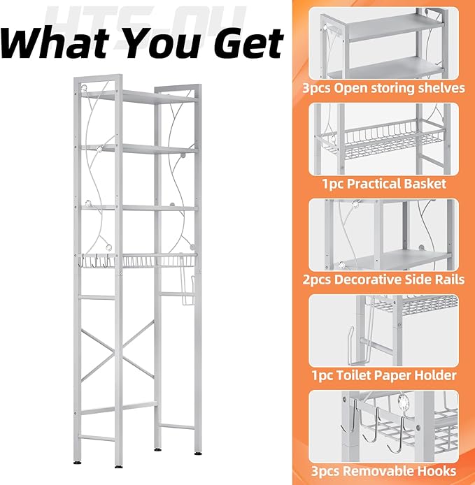 Over-The-Toilet Storage Rack, 4-Tier Bathroom Organizer Shelf Over Toilet with Adjustable Shelf and Basket, Freestanding Space Saver Bathroom Shelves Above Toilet for Room (Pure White)