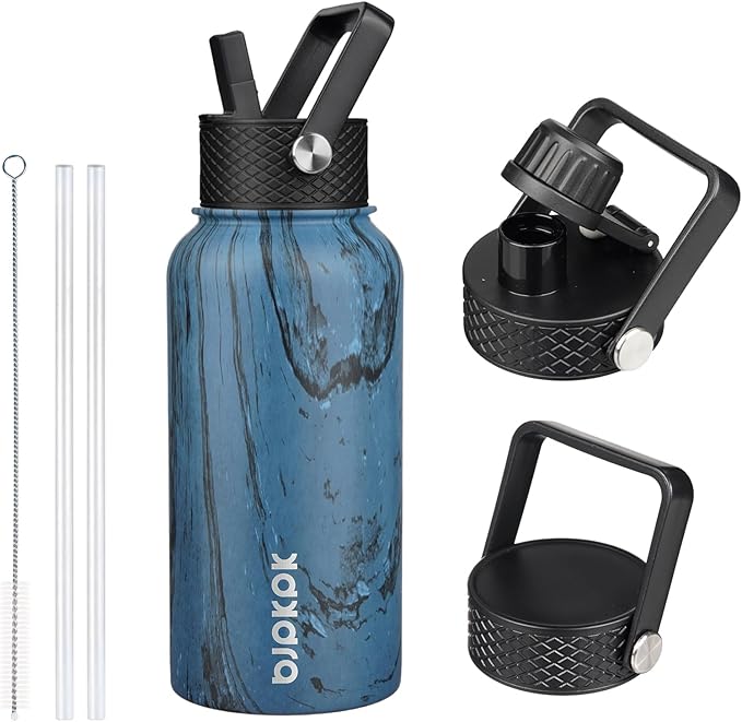 BJPKPK Insulated Water Bottles with Straw Lid, 27oz Stainless Steel Water Bottle with 3 Lids, Leak Proof BPA Free Metal Thermo, Mugs, Tumblers, Keep Cold Hot - Wood Prussian Blue