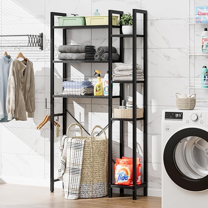 OTK Over The Toilet Storage with 7-Tier Bathroom Organizer Shelf, Freestanding Space Saver with Adjustable Feet & Hooks, Storage Rack for Bathroom, Restroom, Laundry, Black