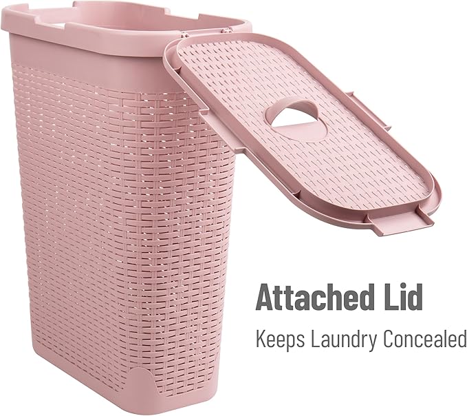 Mind Reader Slim Laundry Hamper with Lid, 40L Clothes Basket, Premium Wicker Design, Plastic, Pink