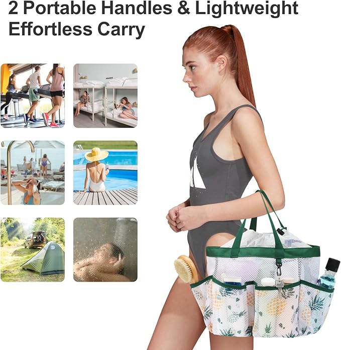 F-color Mesh Shower Caddy Portable with Drawstring - Large 8 Pockets Dorm Room Essentials for Guys Girls with S Hook, Shower Bag Basket Tote for College Camping Gym Travel Bathroom, Green Pineapple