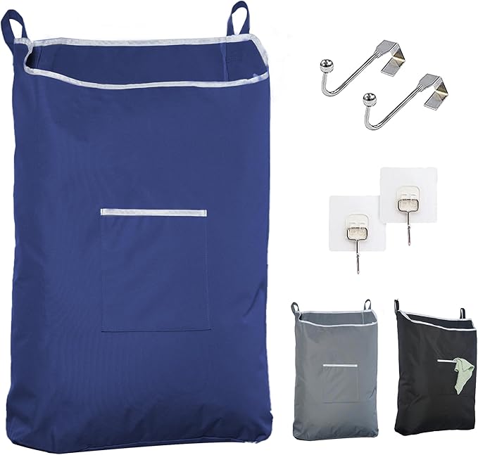 Fine Living Large Hanging Laundry Hamper with Over Door Hooks & Adhesive, Durable Space Saving Laundry Bag with Zipper and Wide Open Top, Hanging Dorm Laundry Hamper 18"x4.75"x28" (Navy Blue-L)