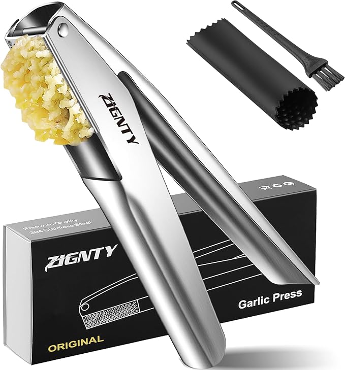 ZIGNTY Garlic Press Stainless Steel, Professional Crusher No Peel Required