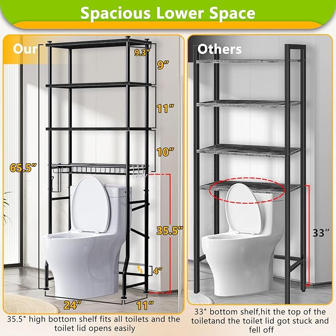 Over-The-Toilet Storage Rack, 4-Tier Bathroom Organizer Shelf Over Toilet with Adjustable Shelf and Basket, Freestanding Space Saver Bathroom Shelves Above Toilet for Room (Black)