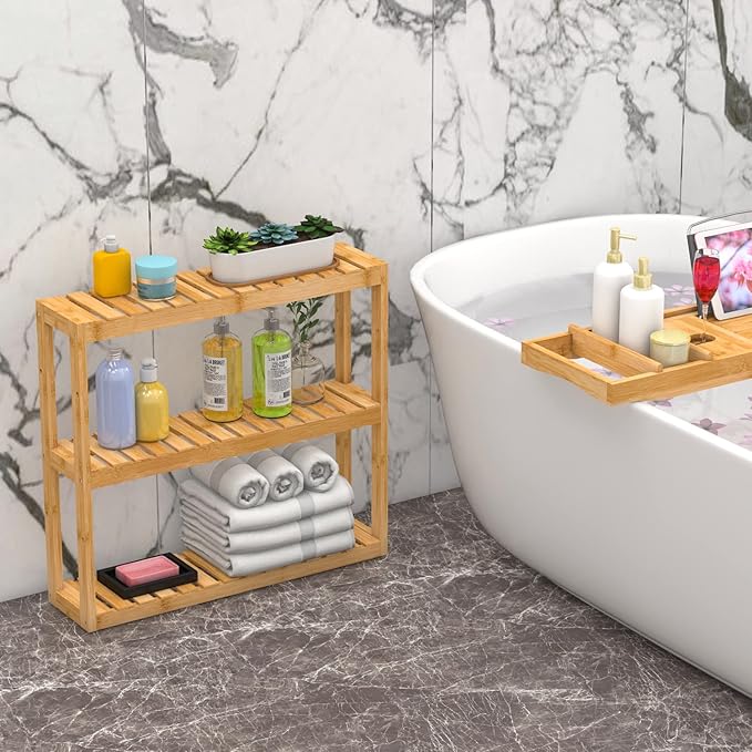 Domax Bathroom Wall Shelf - Over Toilet 3 Tier Storage Rack Adjustable Layer Multifunctional Utility Wall Mounted Towel Shelves Living Room Kitchen (Bamboo-Pack of 2)