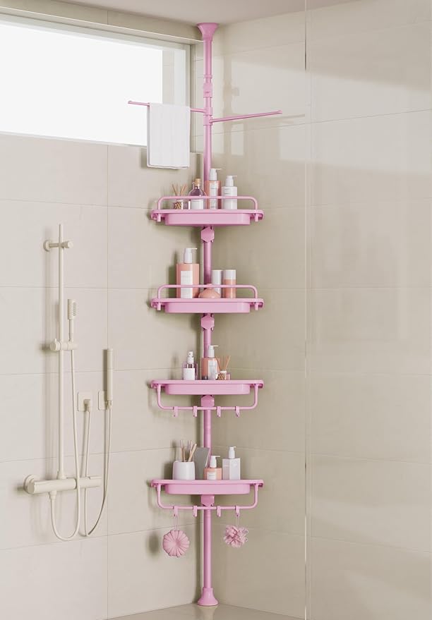 32-122inch Corner Shower Caddy Tension Pole Pink, Rustproof Drill-Free Shower Shelves for Bathroom Bathtub Washbasin, Adjustable Shower Organizer with 4 Tier Patent Stable Shelves & Towel Bars
