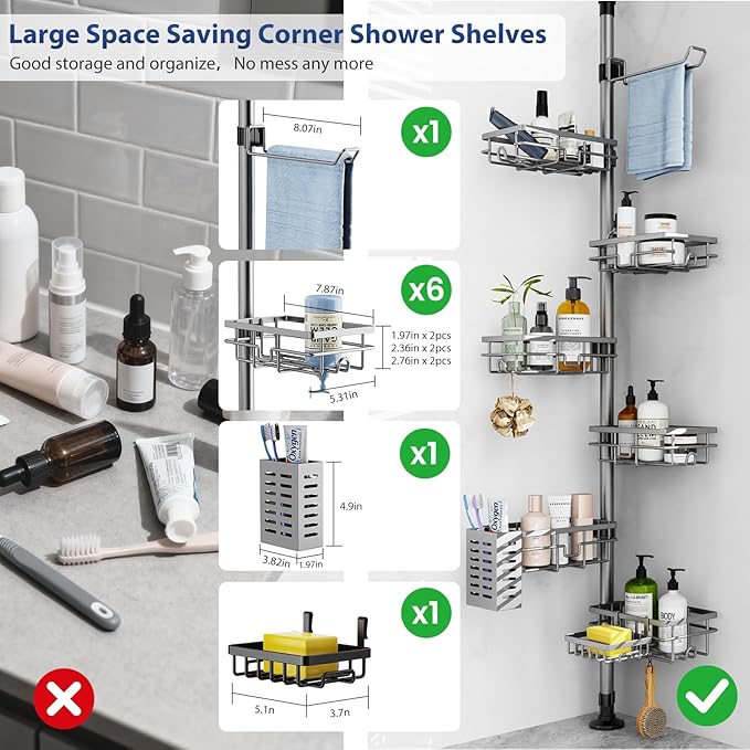 Corner Shower Caddy Organizer Tension Pole, Adjustable 6 Shower Shelves Corner Shelf 30-120Inch Rustproof Shower Rack for Inside Shower, Extra Towel Bar Soap Dish Bathroom Organizers and Storage Gray