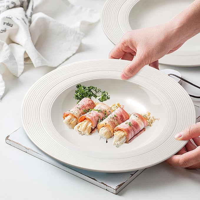 9.5" Wide-Rim Pasta Bowl Set of 2, Cream White Ceramic Shallow Bowl with Textured Grooved Rim, Modern Restaurant-Style Dinnerware for Pasta, Salad & Balanced Meals, Dishwasher & Microwave Safe