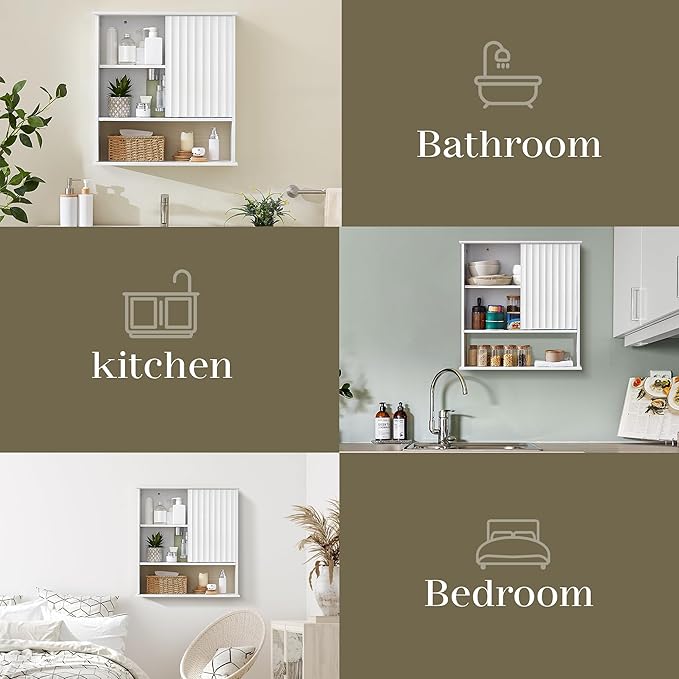 22.5 x 23.5 inch Bathroom Wall Cabinet, Medicine Cabinet Wall Mounted w/Fluted Sliding Door Adjustable Shelf White Storage Cabinet Organizer for Kitchen Dining Room Living Room