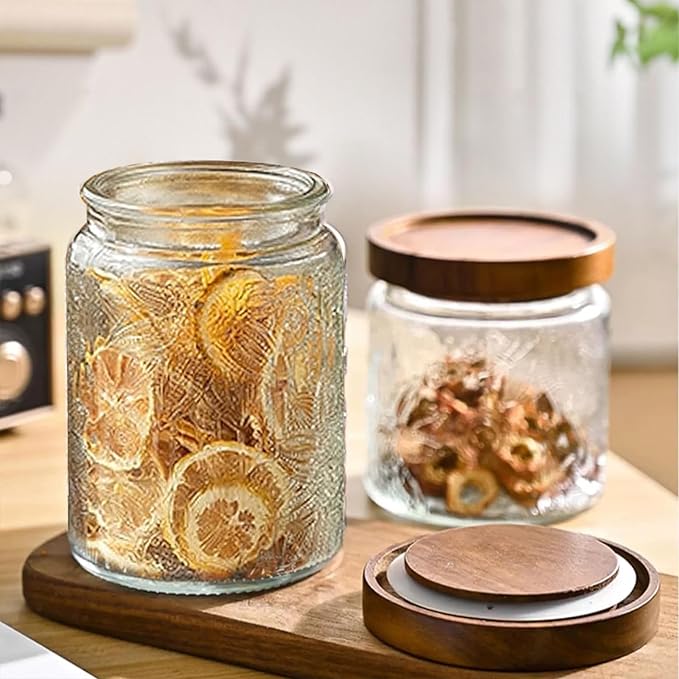 24 OZ Airtight Glass Storage Jar with Bamboo Lid - Vintage Glass Jar Vintage Food Containers Canisters Set for Kitchen Counter & Pantry - Ideal for Sugar, Flour, Coffee, Tea, Candy, Oats, Cereal