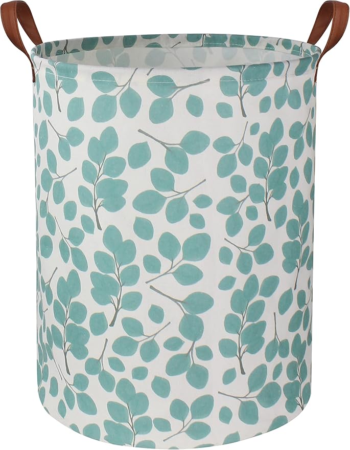 HIYAGON Laundry Baskets,Canvas Fabric Laundry Hamper,Collapsible Toy Storage Organizer Bins,Gift Basket for Bedroom, Clothes, Nursery,Kids,Boys (Eucalyptus leaves)