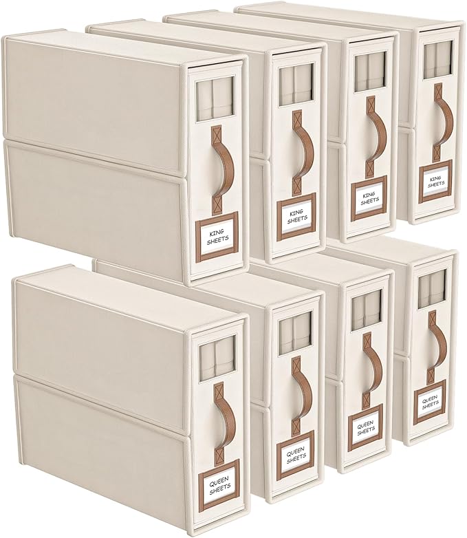 8 Pack Bed Sheets Organizers And Storage (King Size),Foldable Sheet Organizer With Handle For Linen Closet,Bedding Organizer Storage For Sheets, Duvet Cover (Beige)