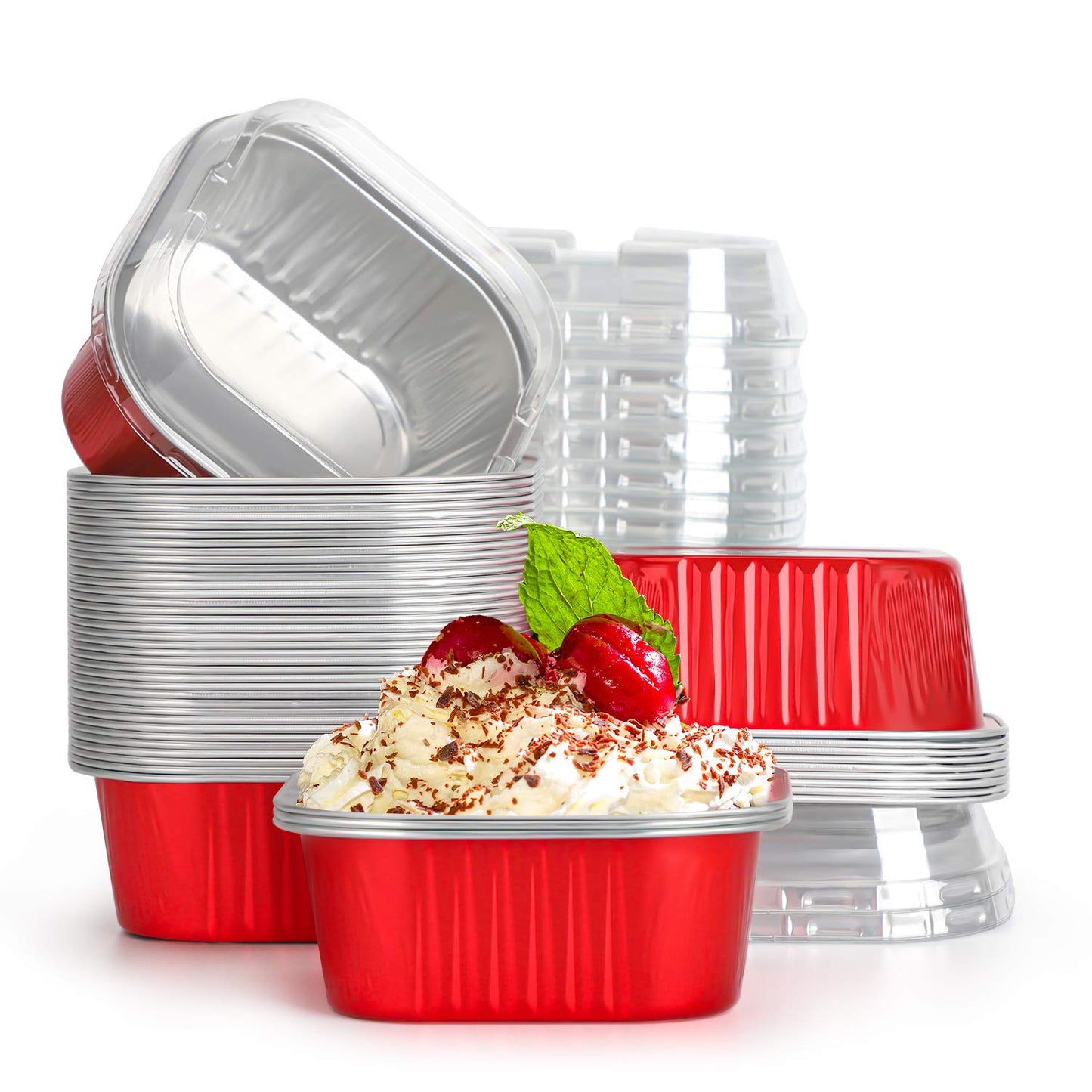 EUSOAR Creme Brulee Ramekins Disposable, 50pcs 10oz Cupcake Liners Foil Baking Cups with Lids, Aluminum Muffin Cups Square Dessert Wrappers Mini Cake Loaf Bread Pans for Wedding Birthday Party