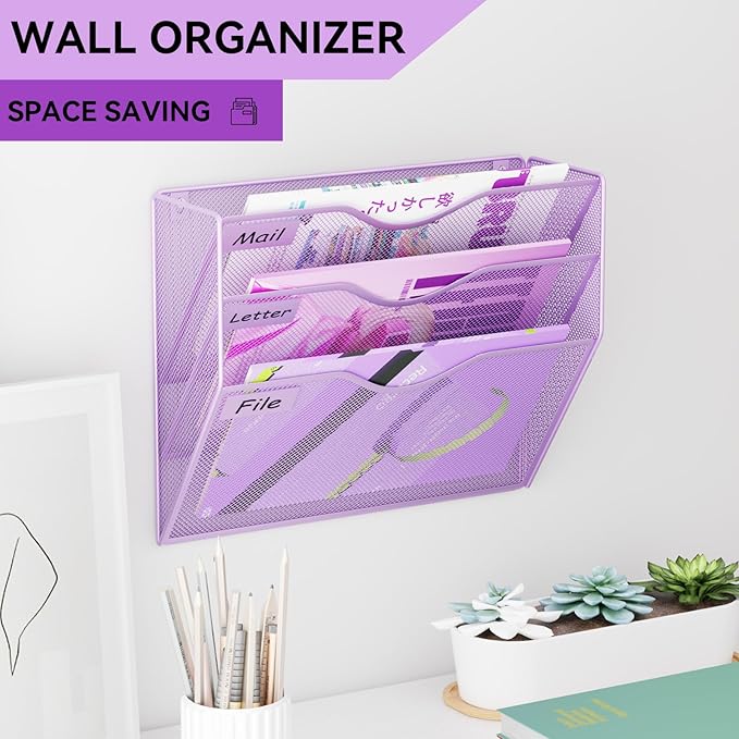 3 Pockets Hanging Wall File Organizer Mail Holder, Wall Mounted Paper Document Folder Holder, Clipboard Storage Organization Magazine Rack, Light Purple