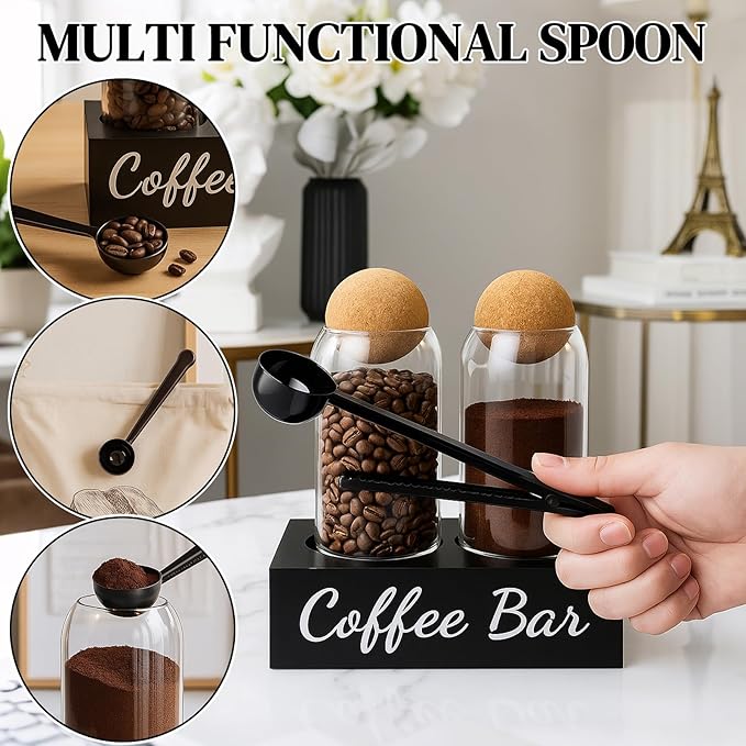 TRIFOLIC Coffee Container Set of 2 – 34oz Airtight Glass Coffee Bean Storage Jars with Wooden Lids, Metal Scoop & Wooden Base, Coffee Bar Organizer for Countertop, Tea & Sugar Canisters with Labels