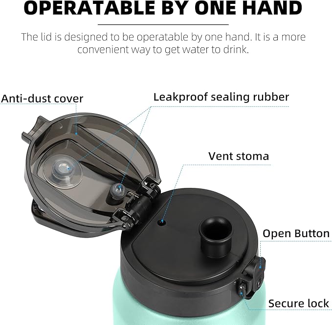Fanhaw 24 oz Insulated Stainless Steel Water Bottle with Anti-Dust Chug Lid, Leakproof Vacuum Metal Bottle for Kids, Women & Men (Green Pink)