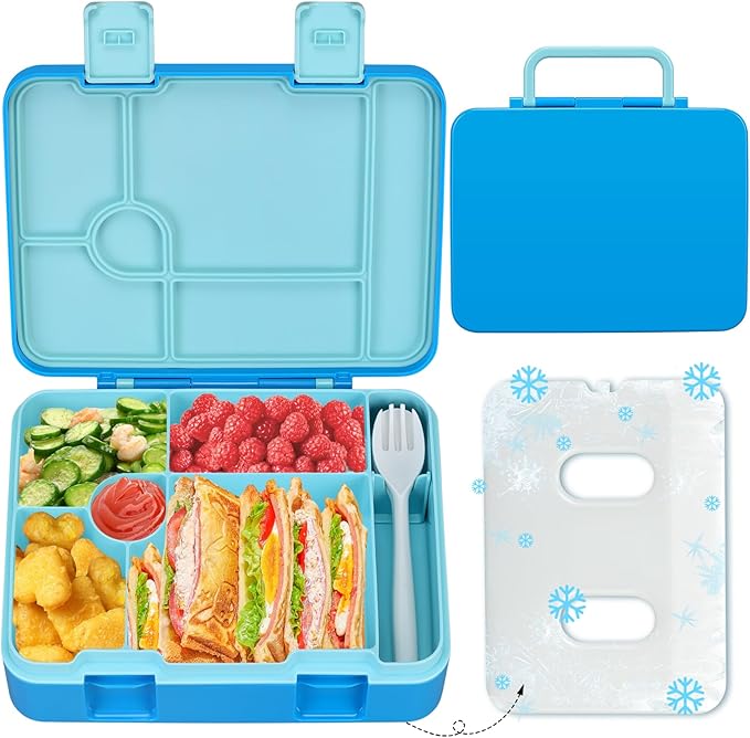 Kids Bento Lunch Box with Ice Pack, 5 Compartments Leak-Proof Bento Box with Utensils, 5.5-Cup Capacity for Adults & Ages 8+, BPA Free, Microwave & Dishwasher Safe, Pink