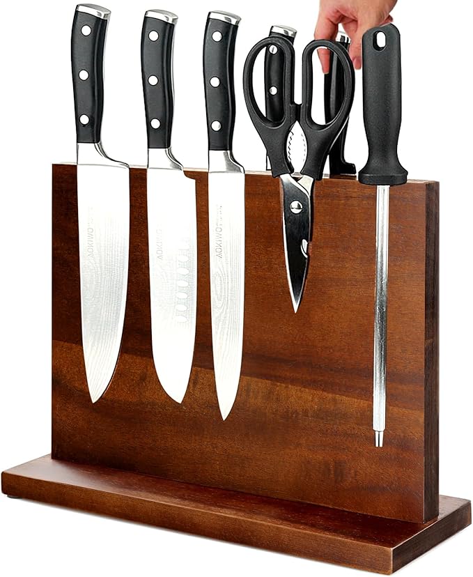 Magnetic Knife Block Double Sided Magnetic Knife Holder Rack with Strong Enhanced Magnets Acacia Wood Magnetic Knife Storage Stand