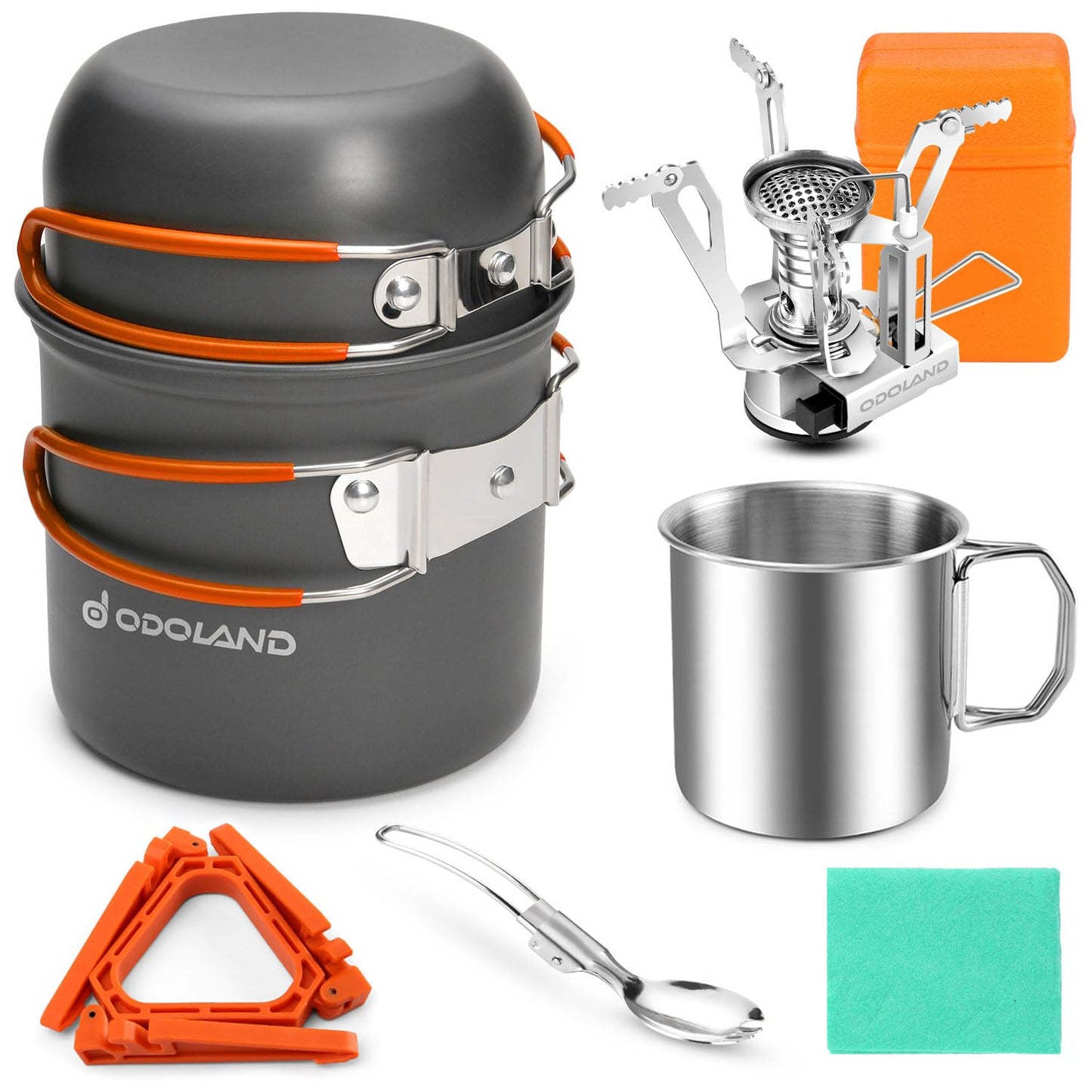 Odoland 8pcs Camping Cookware Mess Kit, Camping Pot and Pan Set with Mini Backpacking Stove, Stainless Steel Cup, Spork and Tank Bracket, Cooking Gear for Outdoor, Hiking, Picnic, Campfire, Green
