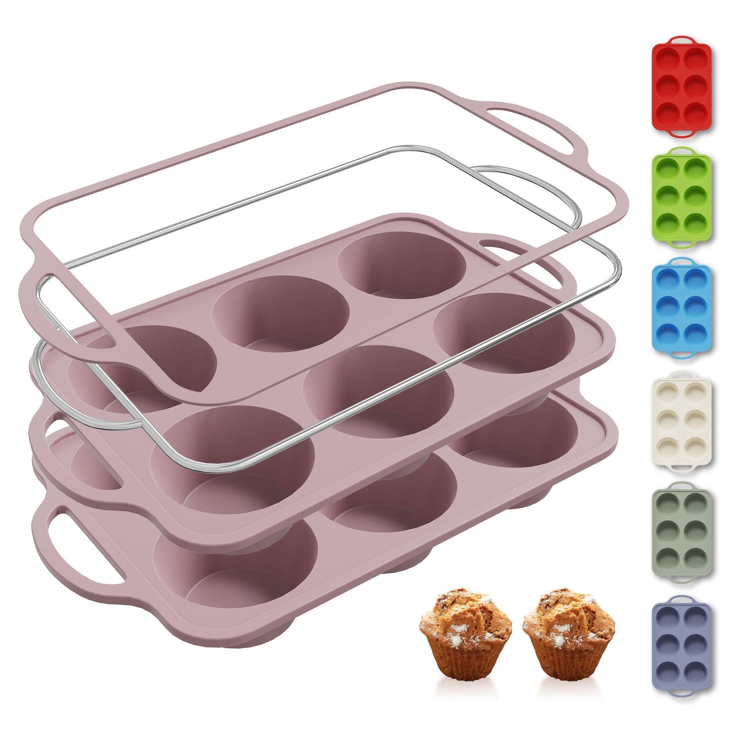 2 Packs 12 Cups Silicone Muffin Pan for Baking with Metal Reinforced Frame Regular Size Cupcake Pan Tray Chocolate Egg Pizza Bites Oven Top Cookie Molds Muffin Tin Tart Pans Sheet Set Bakeware Liner