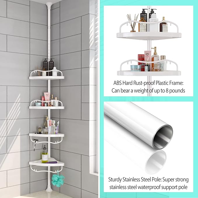 Shower Caddy Tension Pole with 4 ABS Baskets,Shower Storage Shelf with 56 to 125 Inch Adjustable Stainless Pole for Bathroom White