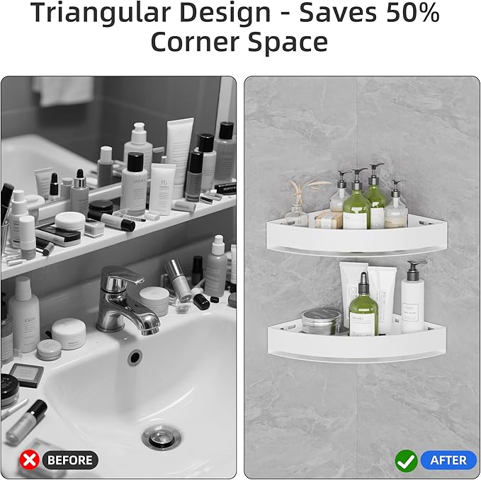 Aluminium Shower Corner Shelves - Rustproof Shower Caddy No Drilling Installation Shampoo Holder, White Shelves for Wall for Bathroom Storage,Holds 20LB