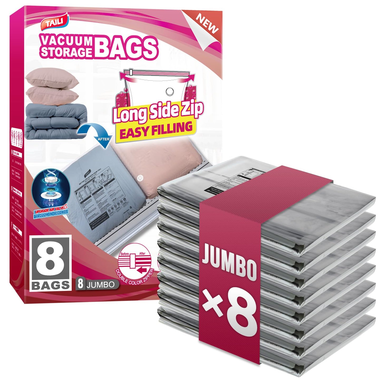 TAILI 8 Pack Vacuum Storage Bags, 2 Size Combo(4 Large+4 Jumbo), Clear