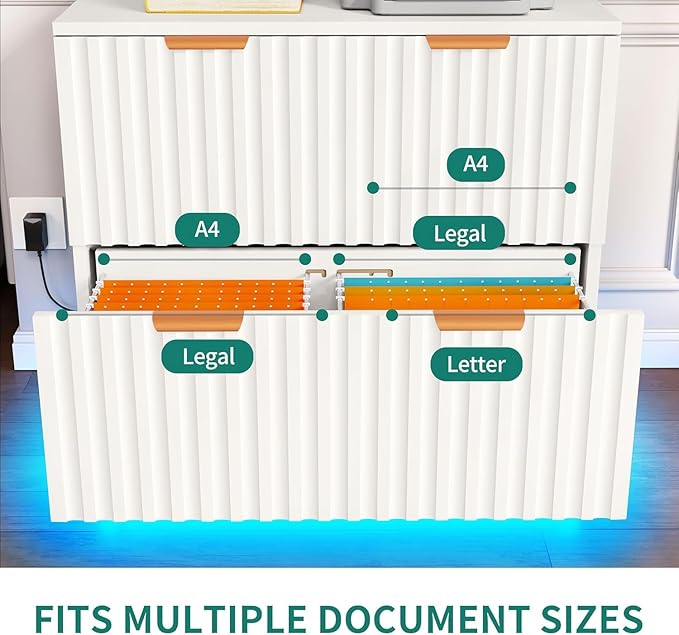 YITAHOME 2 Drawer File Cabinet with Led Light, Modern Filing Cabinet, Large Lateral File Cabinet for Home Office, White