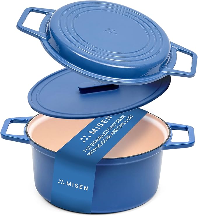 Misen 7 QT Enameled Cast Iron Dutch Oven - Chip-Resistant Enamel Coating - Thick Iron Core For Heat Retention - Large Cooking Surface - Oven Safe, Induction Compatible - Grill and Silicone Lid, Red