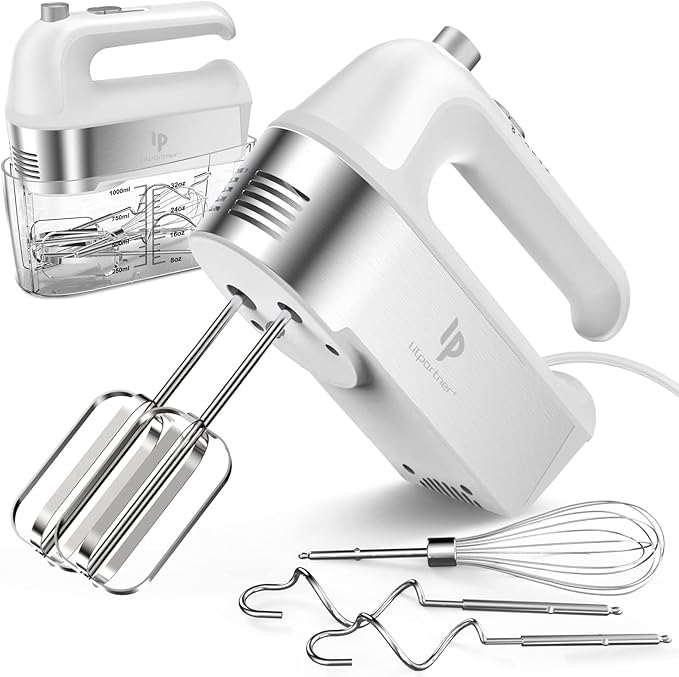 Hand Mixer Electric, 450W Kitchen Mixers with Scale Cup Storage Case, Turbo Boost/Self-Control Speed + 5 Speed + Eject Button + 5 Stainless Steel Accessories, For Easy Whipping Dough, Cream, Red