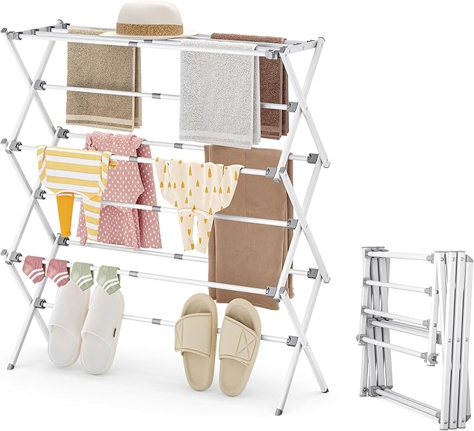APEXCHASER Drying Rack Clothing - 3 Tier Metal Clothes Drying Rack Collapsible, Laundry Drying Rack Expandable, Small Clothe Airer for Baby Clothes Towel Bib Sock Indoor Outdoor Use(White)