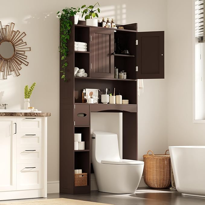 Gizoon Over The Toilet Storage Cabinet, 66''H Over Toilet Storage Cabinet, with Paper Holder, Adjustable Shelves, 2 Doors, Over Toilet Bathroom Organizer, 2 Side Hooks, Space-Saver, Dark Brown