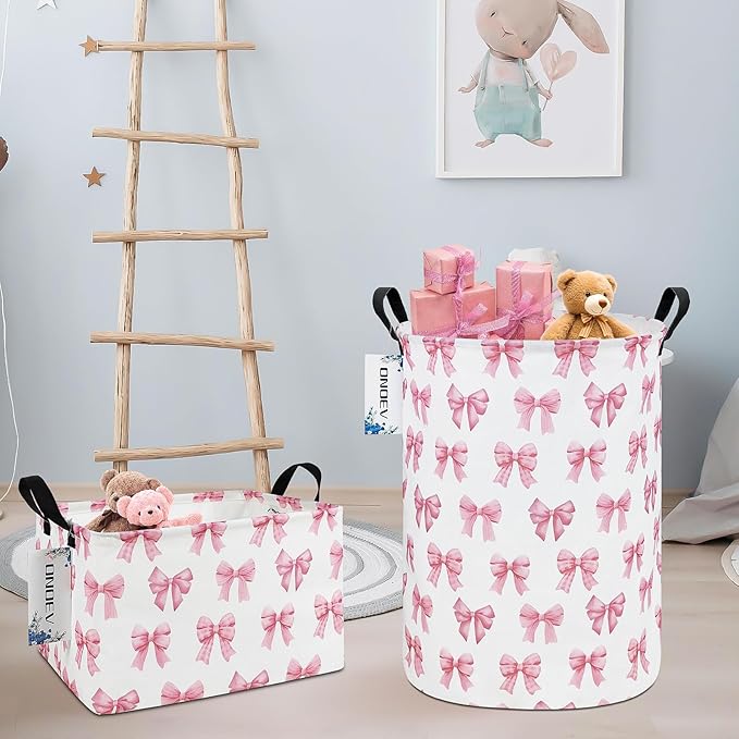 Round Foldable Girls' Storage Basket Kids Laundry Hamper Pink Gift Basket Suitable For Home Decoration Office and Toy Storage(Pink Knot)