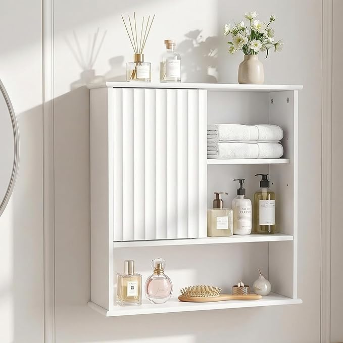 22.5 x 23.5 inch Bathroom Wall Cabinet, Medicine Cabinet Wall Mounted w/Fluted Sliding Door Adjustable Shelf White Storage Cabinet Organizer for Kitchen Dining Room Living Room