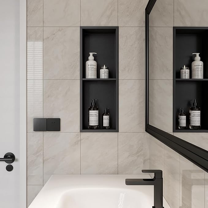 Neodrain Shower Niche Double Shelf Stainless Steel No Tile Needed Bathroom Niches Recessed in Wall, 2-Tier Recessed Wall Niche Waterproof Cubby(8X24 Inch,Matte Black)