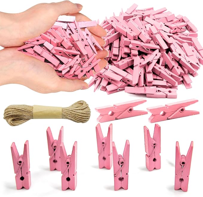 1.35 Inch Mini Clothes Pins for Photo100 Pcs with 32 Feet Jute Twine, Mini Clothes Pins for Crafts, Wooden Small Clothespins for Pictures, Tiny Decorative Clothespins for Baby Shower (Pink)