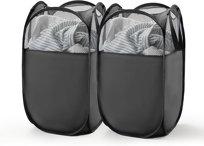 TECHMILLY Pop Up Foldable Laundry Basket, Mesh Laundry Hamper with Reinforced Handles for Dirty Clothes Storage in Dorm, Laundry Room, Bathroom, Black(Fabric), 2 Pack