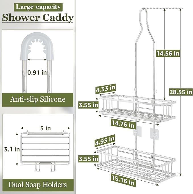 Shower Caddy Hanging: Adjustable Height, Rustproof Shelves with Hooks, 2 Soap Holders - Silver Shower Organizer Over Showerhead