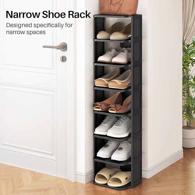 Kitstorack 10 Tiers Stackable Shoe Rack for Closet and Front Door Entrance - Free Standing Plastic Stand, Narrow Tall Vertical Organizer for Small Spaces Storage