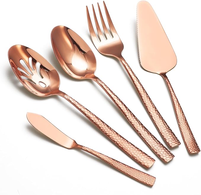 Large Hostess Serving Utensils Set, Stainless Steel Heavy Duty Hammered Serving spoons, Slotted Spoons, Serving Fork, Cake Server, Butter Knife, Dishwasher Safe（Black）