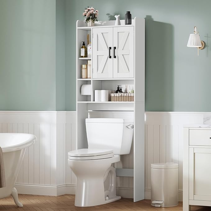 TEENFON Over The Toilet Storage Cabinet with 4 Open Shelves and Adjustable Shelf, Extra Tall Bathroom Organizer Unit with 2 Barn Doors, Home Space Saver for Bathroom, Laundry Room, White