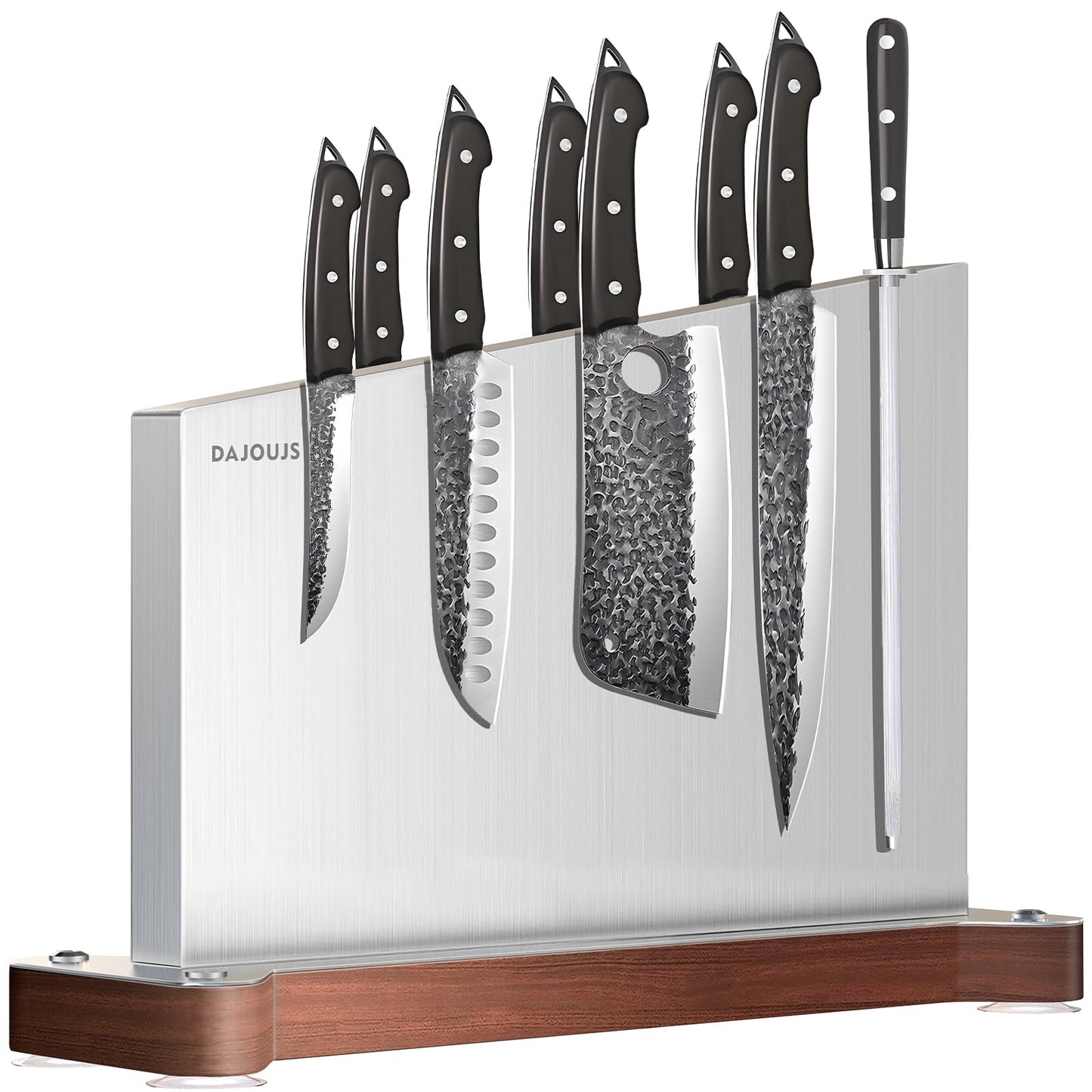 Large Magnetic Knife Holder16.15 x 11 Inches, Double Sided Magnetic Knife Block Without Knives, Stainless Steel Knife Storage Rack for Kitchen Counter With Strong Magnet Stand & Wood Base