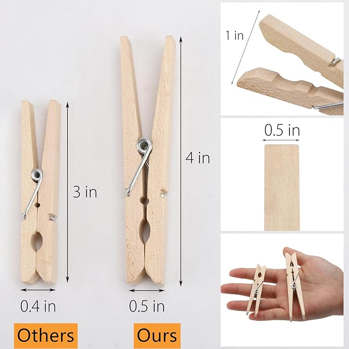 100pcs Clothes Pins Wood - 4 inch Heavy Duty Wooden Clothespins for Hanging Clothes Outdoor Clip,Crafts